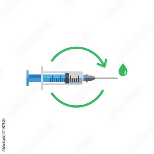 Vector icon of a medical syringe, liquid drop, and circular green arrow, representing ongoing health initiatives, vaccination cycles, and therapeutic treatment processes