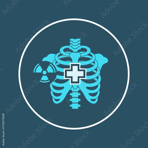 Graphic vector icon of a human rib cage with a medical cross and radiation symbol, representing essential concepts of medical diagnostics, radiology procedures, and health technology