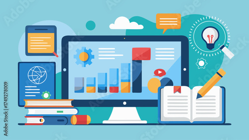 A computer monitor with a book and a pencil on the desk. The monitor is displaying a graph and a book is open on the desk