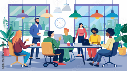 A group of people are sitting around a table in a conference room. There are several potted plants in the room, and a clock on the wall. The people are working together on a project
