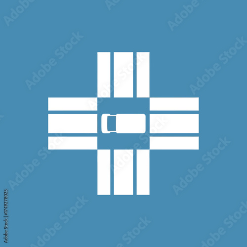 Vector icon of a four-way road intersection with car from above. Symbolizes urban navigation, traffic, and transport routes for digital maps, applications, and logistics