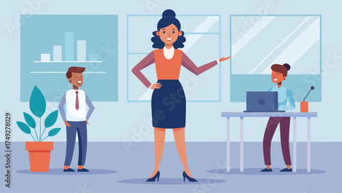 A woman is standing in front of a group of children. She is pointing to something on a laptop