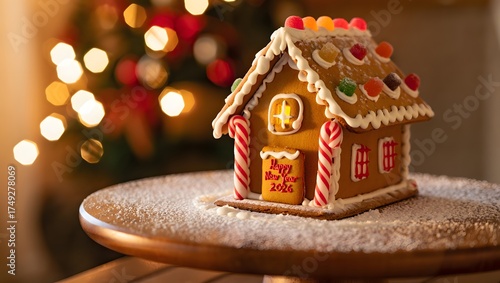 Gingerbread house with candy decorations on wooden table
