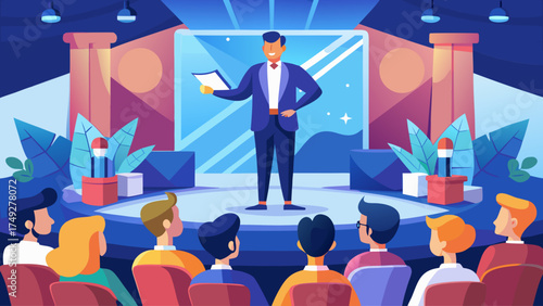 A man is standing on a stage in front of a crowd of people. He is holding a piece of paper and smiling. The audience is attentive and engaged. The scene is set in a theater, and the mood is lively