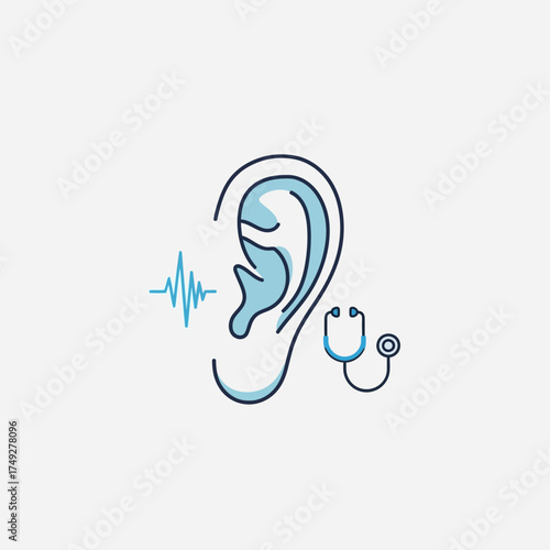 Ear health and hearing care illustration featuring a stethoscope and sound waves, representing medical diagnostics, audiology services, and the science of auditory well-being