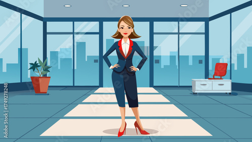 A woman in a business suit stands in a room with a potted plant and a red chair. She is wearing high heels and has her arms crossed, giving off an air of confidence and professionalism