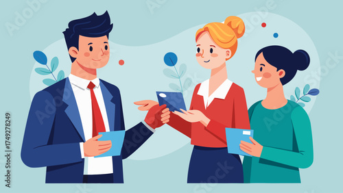 A man and two women are standing together and holding tablets. The man is wearing a suit and tie. The woman in the red shirt is holding a tablet in her hand