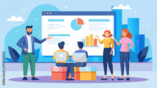 A group of people are gathered around a computer screen with a presentation on it. The man in the suit is giving a presentation while the others listen. Scene is professional and collaborative