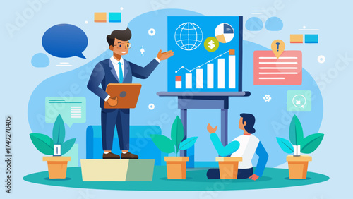 A man is standing in front of a board with a graph on it. He is talking to a woman who is sitting on the floor. Concept of collaboration and teamwork, as the man