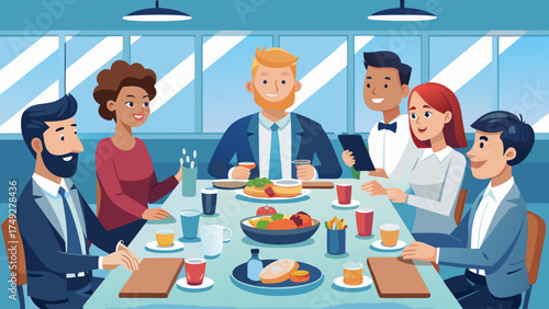 A group of people are sitting around a table with food and drinks. They are smiling and seem to be enjoying each other's company