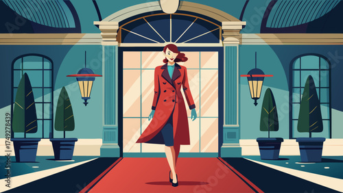 A woman in a red coat is walking down a red carpet. She is smiling and she is happy. The scene is set in a hotel lobby, with a red carpet leading to the entrance