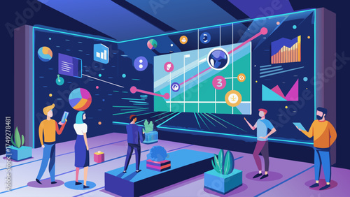 A group of people are standing in front of a large screen with a lot of graphs and numbers. They are all looking at the screen and seem to be focused on the data. Scene is serious and focused