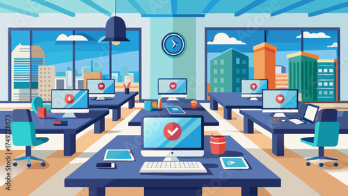 A large office with many desks and computers. The office is very busy and has a lot of people working