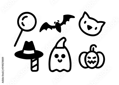 Halloween icons with bat, cat, ghost, pumpkin, hat, and magnifying glass