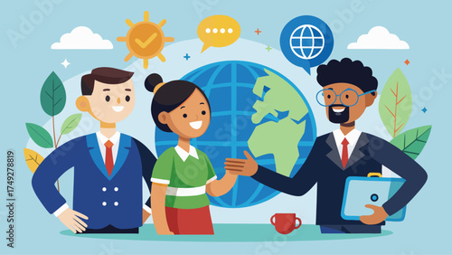 A man and a woman are shaking hands in front of a globe. The globe is surrounded by a green circle