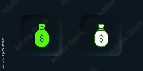 Green Money bag icon isolated on black background. Dollar or USD symbol. Cash Banking currency sign. Black square button. Vector