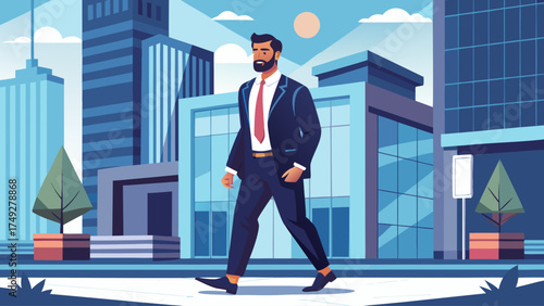 A man in a suit walks down a city street. The sky is blue and there are clouds in the background