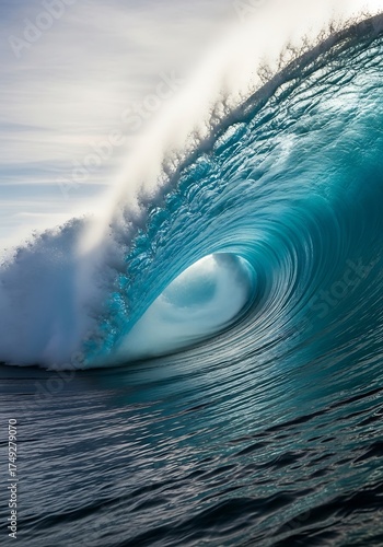 Magnificent turquoise wave cresting against the sky, showcasing ocean power and beauty naturally creating captivating
