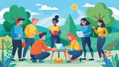 A group of people are sitting around a table in a park. They are all smiling and seem to be enjoying each other's company