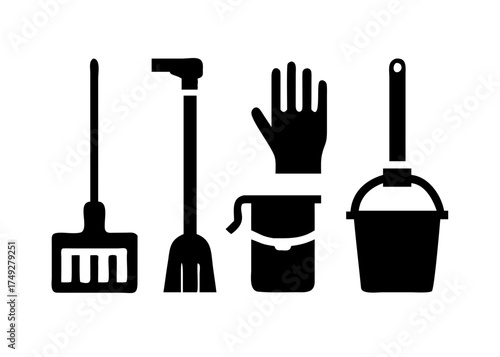 Cleaning equipment icons for hygiene and sanitation