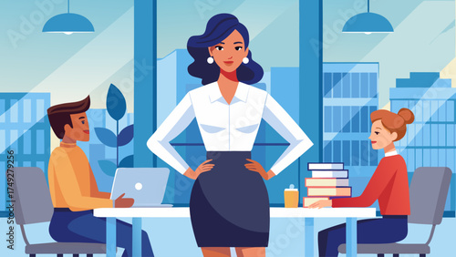 A woman in a business suit stands in front of a group of people. She is the only woman in the room