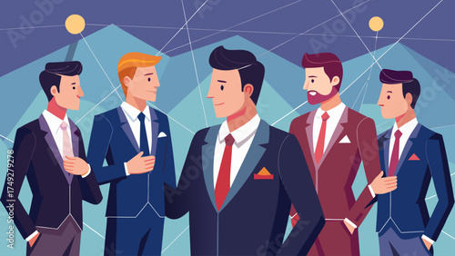 A group of men in suits are standing around each other. They are all smiling and seem to be enjoying each other's company. Concept of camaraderie and professionalism