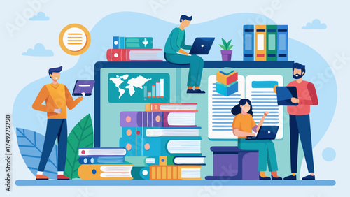 A group of people are sitting around a table with books and laptops. They are working together on a project