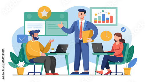 A man is standing in front of a group of people, giving a presentation. The group of people are sitting at desks, with some laptops open in front of them. The room is decorated with potted plants