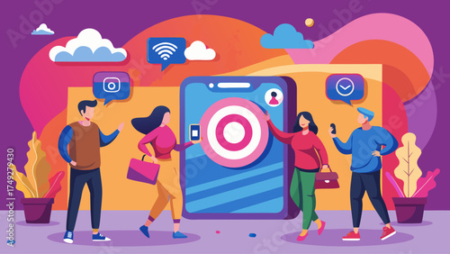 A group of people are standing around a phone with a target on it. They are talking and interacting with each other