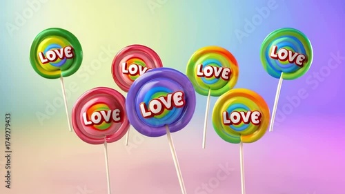  Looping animation of rainbow-colored lollipops appearing and disappearing in a rhythmic sequence on a soft gradient background. Each candy has ‘LOVE’ in playful bubble font