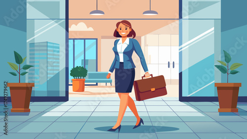 A woman in a business suit is walking down a hallway with a briefcase in her hand. The scene is set in a modern office building with a few potted plants in the background. The woman is in a good mood