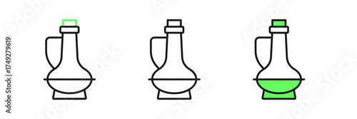 Set line Bottle of olive oil icon isolated on white background. Jug with olive oil icon. Vector