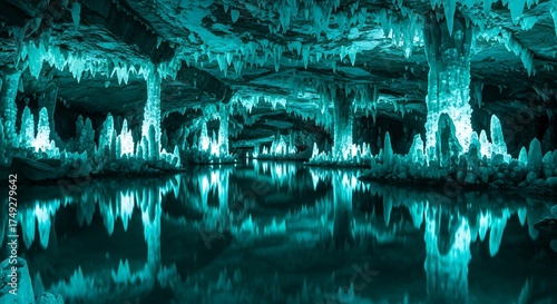 Mystical ice cave with crystal formations reflected in water surface