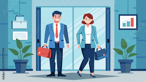 A man and a woman are walking into a building. The man is wearing a blue suit and tie, and the woman is wearing a blue jacket. They both have briefcases in their hands