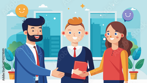 A man shakes hands with a woman in a red shirt. The woman is holding a red book. The man is smiling and the woman is smiling. Scene is friendly and positive