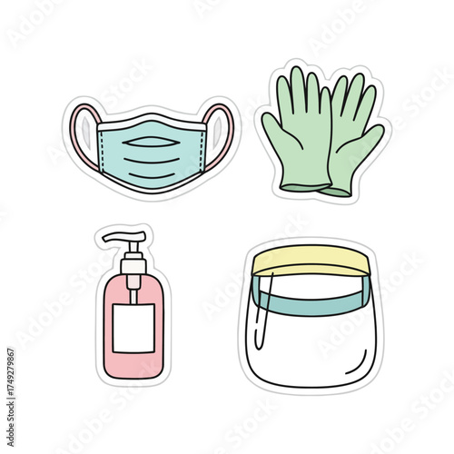 Hand drawn sticker collection of personal protective equipment.