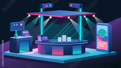 A neon sign with a phone on it. The phone is on a table with a stack of books