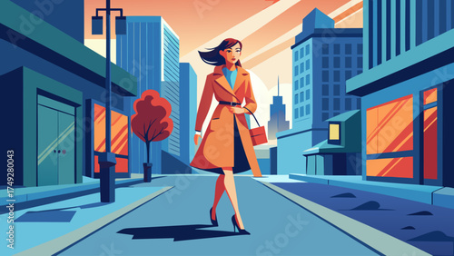 A woman is walking down a city street wearing a coat and carrying a handbag. The scene is set in a city with tall buildings and a street lamp. The woman is in a hurry