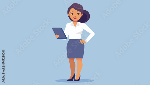 A woman is standing in front of a blue background with a book in her hand. She is wearing a white shirt and blue skirt