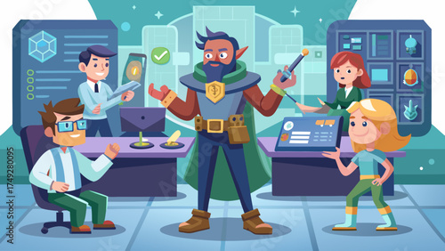 A group of people are gathered around a table with a man in a green costume standing in the middle