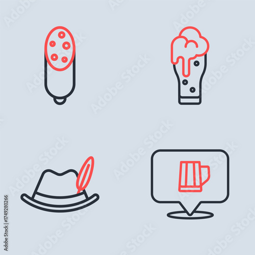 Set line Glass of beer, Oktoberfest hat, Wooden mug and Salami sausage icon. Vector