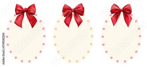 Watercolor vintage frame set. Retro labels with watercolor dots and decorated with red bow. Silk ribbon bow, vintage greeting card decoration.