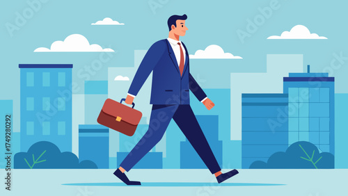 A man in a suit is walking down a city street with a briefcase in his hand. Concept of professionalism and business, as the man is dressed in a suit and carrying a briefcase