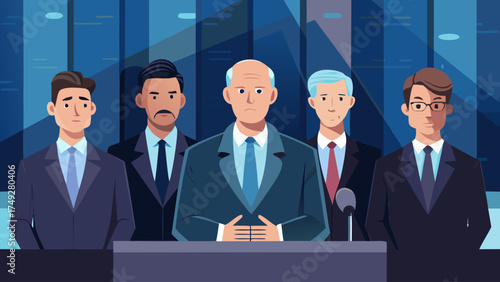 A group of men in suits are sitting behind a podium. They are all wearing ties and appear to be in a serious or professional setting