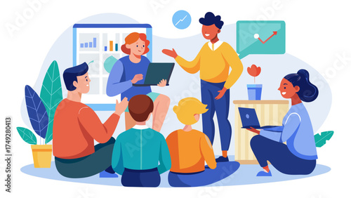 A group of people are sitting around a table with a projector screen in the background. They are all smiling and seem to be having a good time