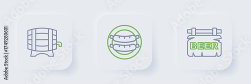 Set line Street signboard with Beer, Sausage and Wooden barrel on rack icon. Vector