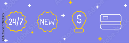 Set line Credit card, Cash location pin, Price tag with New and Clock 24 hours icon. Vector
