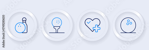 Set line Bowling ball, Heart rate, Golf on tee and pin and icon. Vector