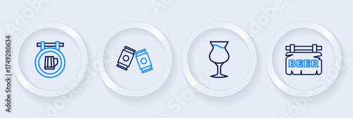 Set line Street signboard with Beer, Glass of beer, can and icon. Vector