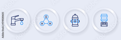 Set line Water cooler, Fire hydrant, Chemical formula water H2O and tap icon. Vector